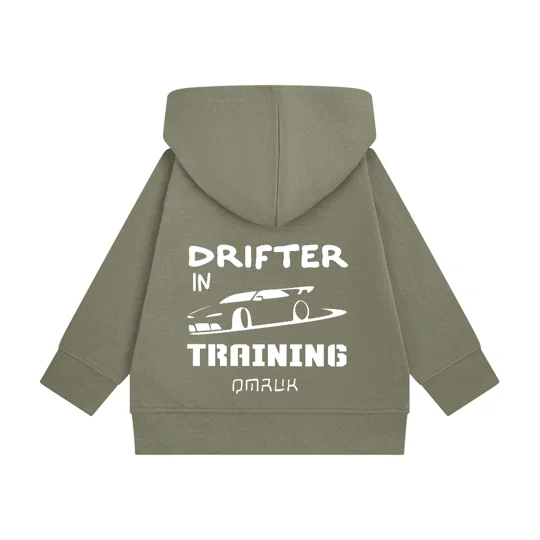 khaki green baby hoodie with rear print in white of a drift car and text reading drifter in training with small qmruk logo at the base