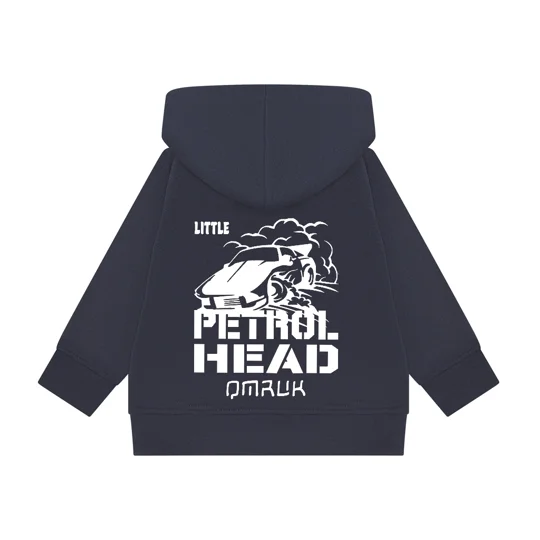 baby navy blue hoodie rear printed with a car driving sideways and little petrolhead text in colour white