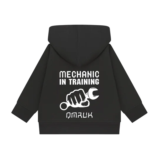 black hoodie rear printed with hand holding a spanner and mechanic in training text in colour white