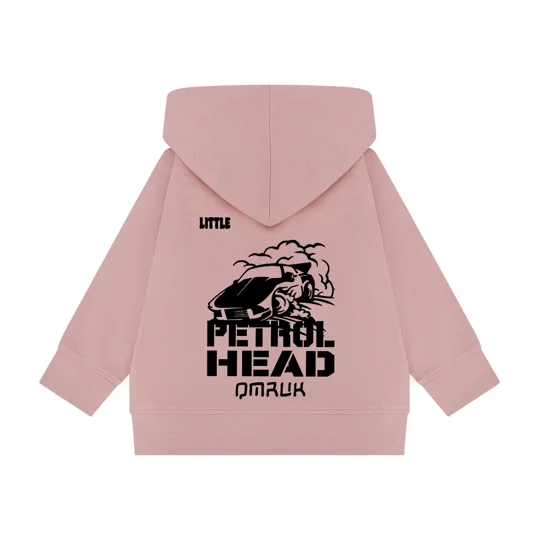 baby pink hoodie rear printed with a car driving sideways and little petrolhead text in colour black