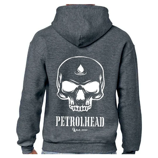 dark grey hoodie with white skull with fuel drop and white text reading petrolhead