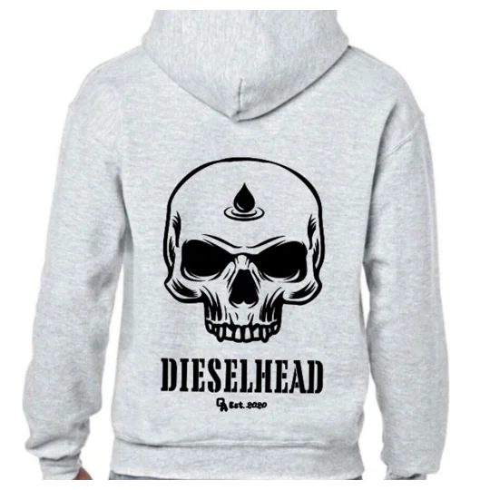 grey hoodie with black skull image with a fuel drop and text reading dieselhead
