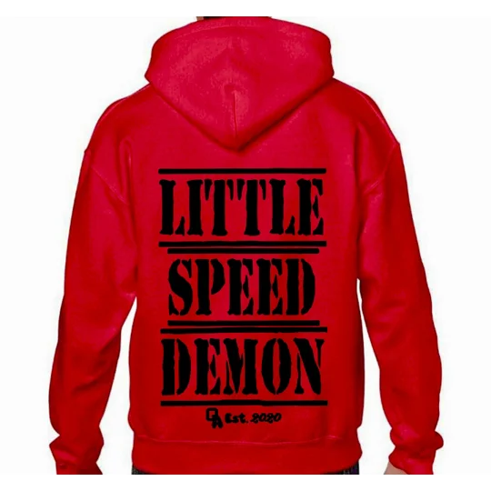 kids red gildan hoodie with black stacked print that reads little speed demon and small signature qmruk AutoWorX logo at base