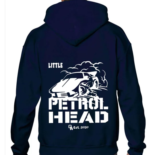 navy blue hoodie with white print reads little petrolhead and a car sliding. small qa logo undeneath