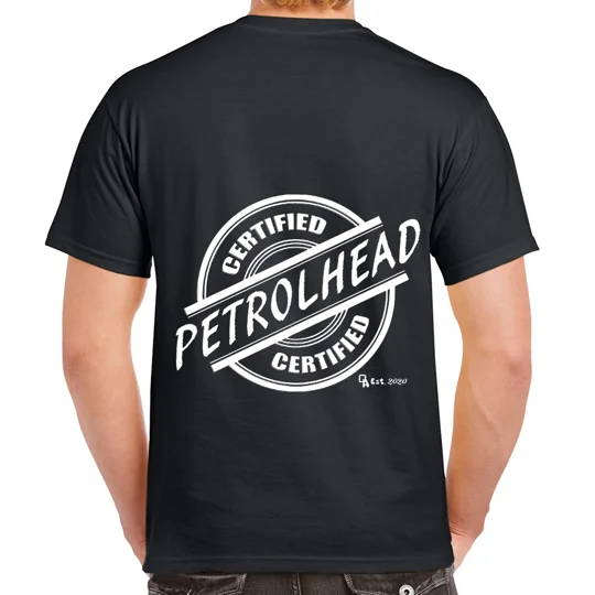 black gildan tshirt with back printed design in white which reads certified petrolhead in form of a stamp
