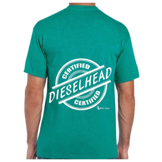 aqua green gildan tshirt with back printed design in white which reads certified dieselhead in form of a stamp