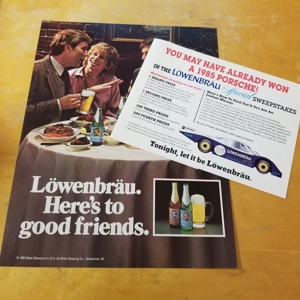 Lowenbrau orig 1984 ad with sweepstakes insert card