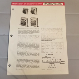 Original Vintage EV Engineering Data Sheet TM Line Matching Transformers
