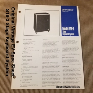 Original Vintage EV Spec Sheet S18-3 Stage Keyboard System