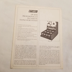 Original Vintage OTARI Dealer sheet/Spec DP-4050 8:1 Cassette Duplicator