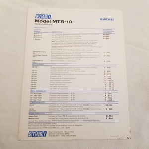 Original 1982 OTARI Model MTR-10 Price Schedule & Specs