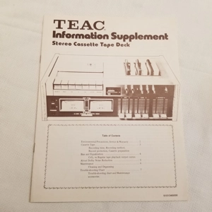 Original Vintage TEAC Information Supplement Stereo Cassette TApe Deck