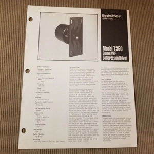 Original Vintage EV Spec Sheet T350 VHF Compression Driver