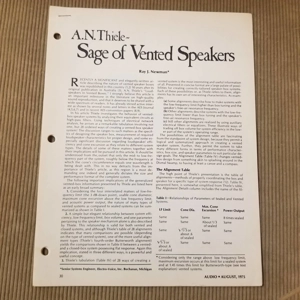 Vintage 1975 A.N. Thiele Sage of Vented Speakers newletter/article