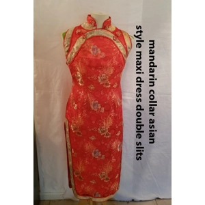 Long red Asian mandarin collar dress Sz sm