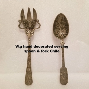 Vtg hand decorated serving spoon & fork Chile