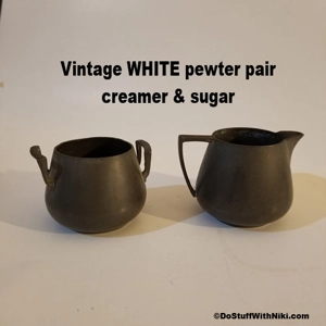 Pair of vtg WHITE pewter Creamer & Sugar