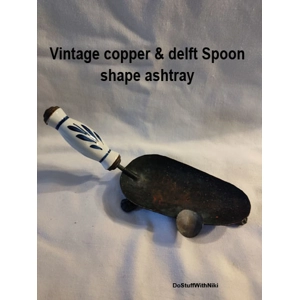 Old brass footed, copper & delft spoon shape ashtray