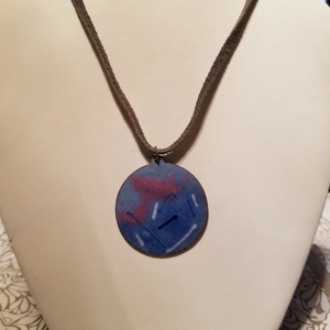 Enamel round copper pendant on leather cord