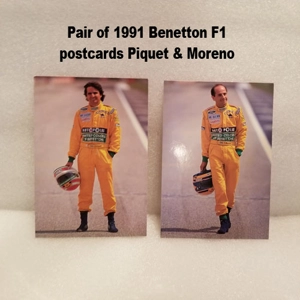 Pair of 1991 Benetton F1 postcards Piquet & Moreno