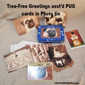 2002 Pug photo tin with 19 asst'd Pug greeting cards