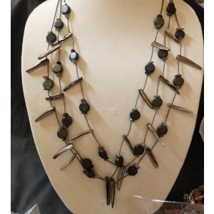 Long triple strand Shell spike and wood beads on coil necklace