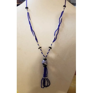 Extra long blue & white bead necklace w/lg ceramic Native Amer bead
