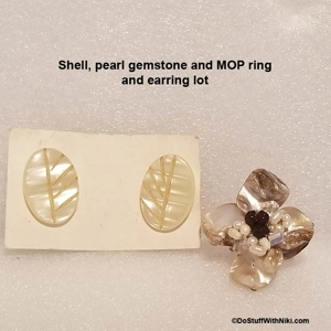 Large one size shell pearl ring with MOP leaf carve Earrings