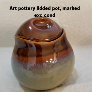 Stoneware lidded bowl mod design art pottery marked