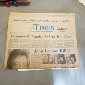 Dec. 1990 The Times Newspaper Calumet. John Lennon killed cover.