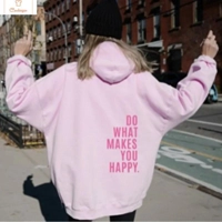 Happy Vibes Letter Print Fleece Hoodie