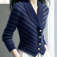 Elegant Striped V-neck Wool Cardigan