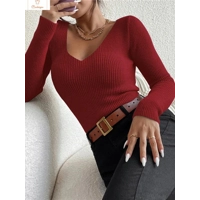 Womens V-Neck Rib Knit Sweater