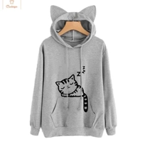 Cute Cat Print Hooded Sweatshirt for Women