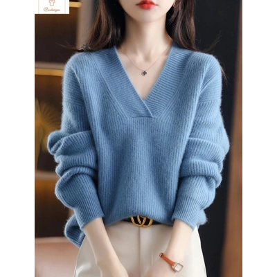Womens V-neck Loose Knit Sweater