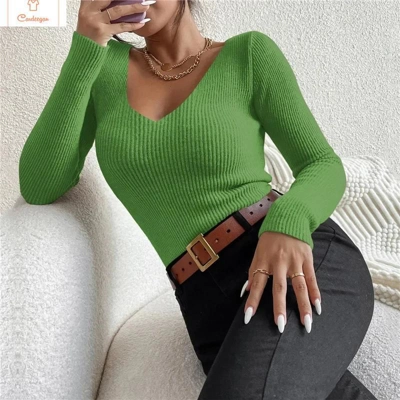 Womens V-Neck Rib Knit Sweater