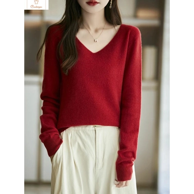 Womens Merino Wool V-neck Pullover Sweater