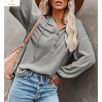 Womens Casual Button Hoodie Sweatshirt
