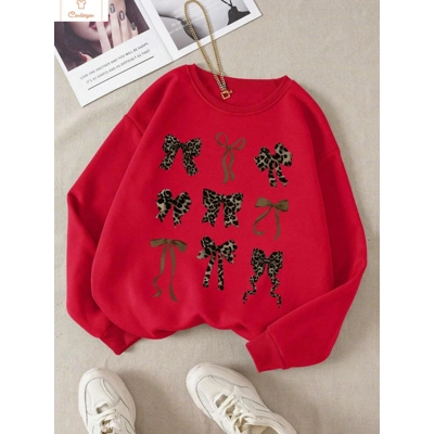Retro Leopard Print Bow Hoodie for Women