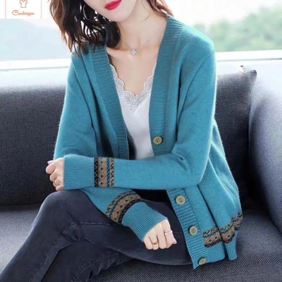 Womens Knitted V-Neck Cardigan Sweater