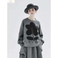 Grey Round Neck Floral Hoodie Sweater
