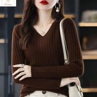 V-Neck Knitted Pullover Sweater for Women