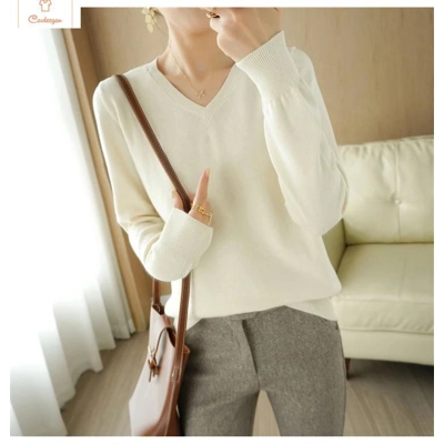 Peach V-neck Long Staple Cotton Sweater