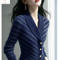 Elegant Striped V-neck Wool Cardigan