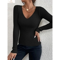 Womens V-Neck Rib Knit Sweater