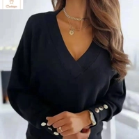 Knitted V-neck Long Sleeve Womens Sweater