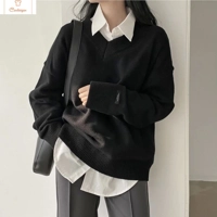 Casual Oversize Black V-Neck Sweater