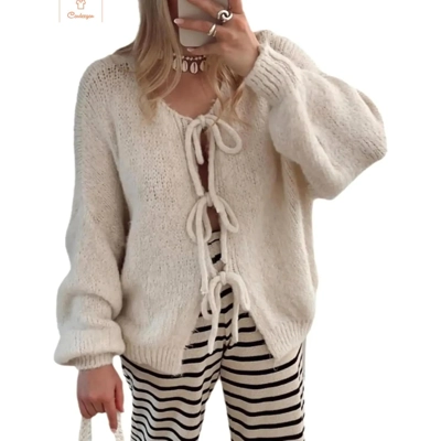Oversized Pink Bow Tie Cardigan Sweater