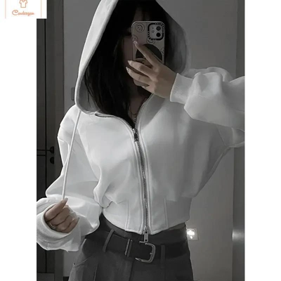 Womens Cropped Zipper Hooded Sweatshirt