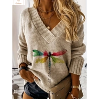 Dragonfly Knit V-Neck Winter Pullover Sweater